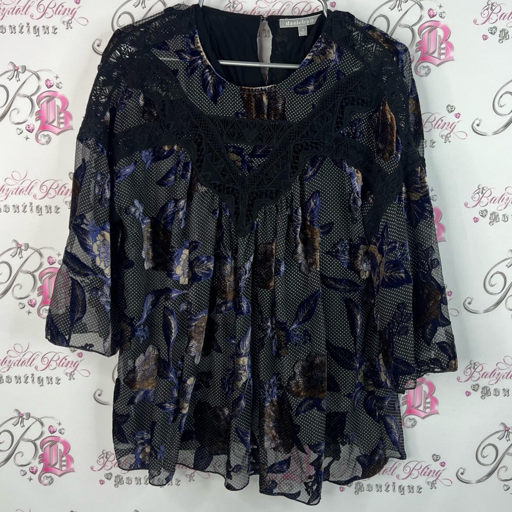 Daniel Rainn blouse velvet floral details crochet Black and Blue Floral Blouse